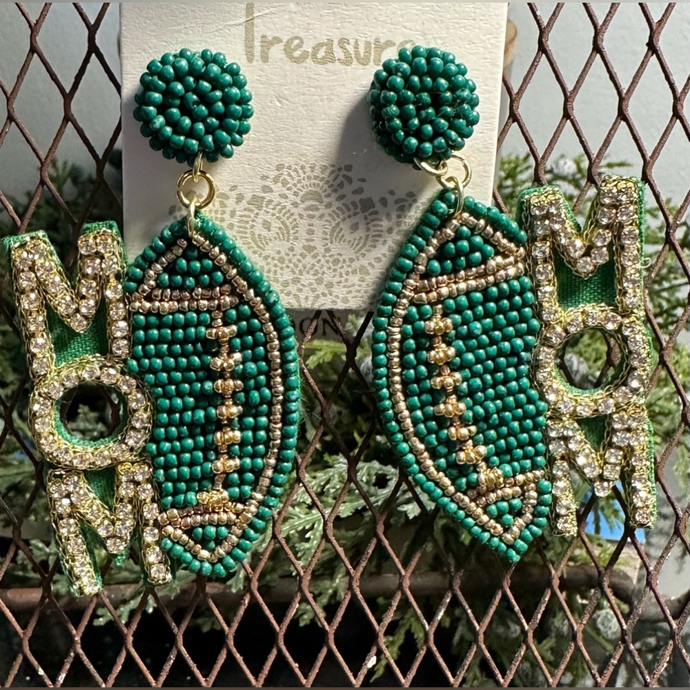 Green/Gold Football Seed Bead Earrings